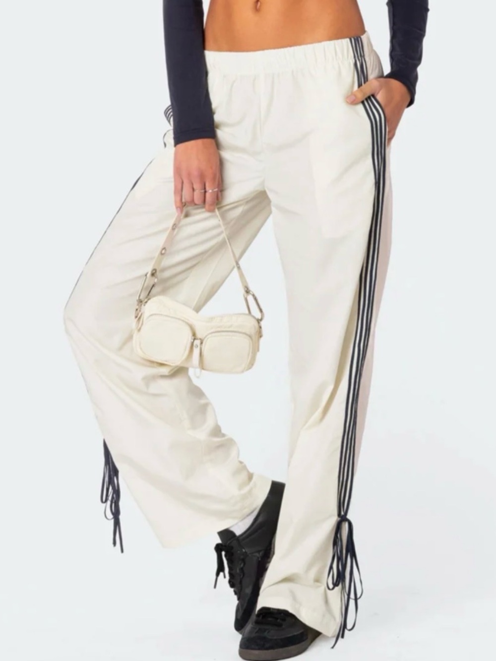 Edikted Cream and Navy Ribbon Track Pants